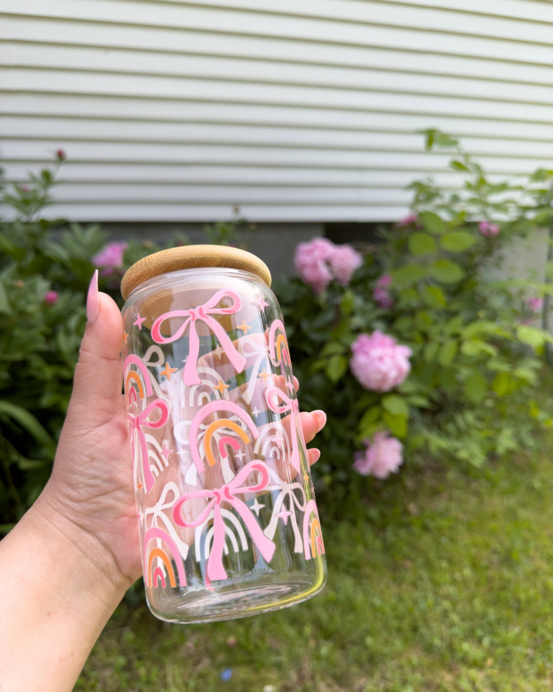 Vaso de vidrio cristalino lazos y arcoíris de verano