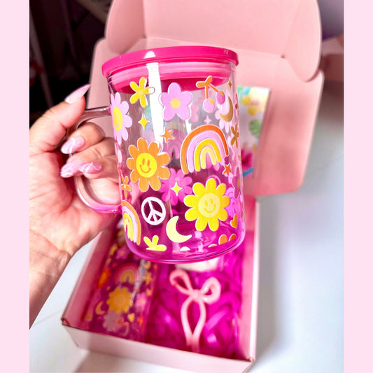 Taza de vidrio rosa arco iris verano